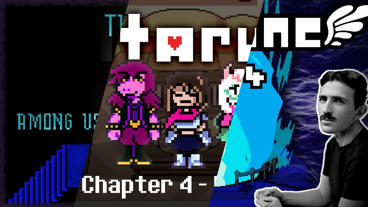 A collage of three different youtube thumbnails for Deltarune playthroughs. One of them has Nikola Tesla on it.