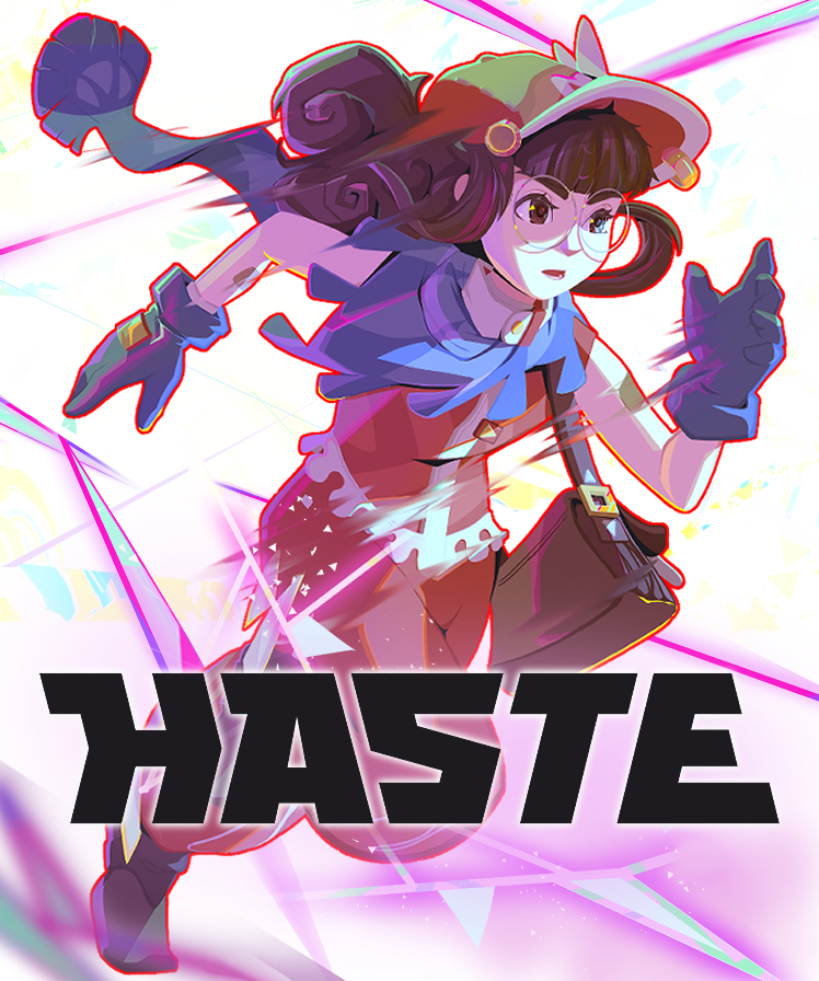 Poster art for Haste:Broken Worlds, featuring the cute brown haired protagonist Zoe in a sprinting pose