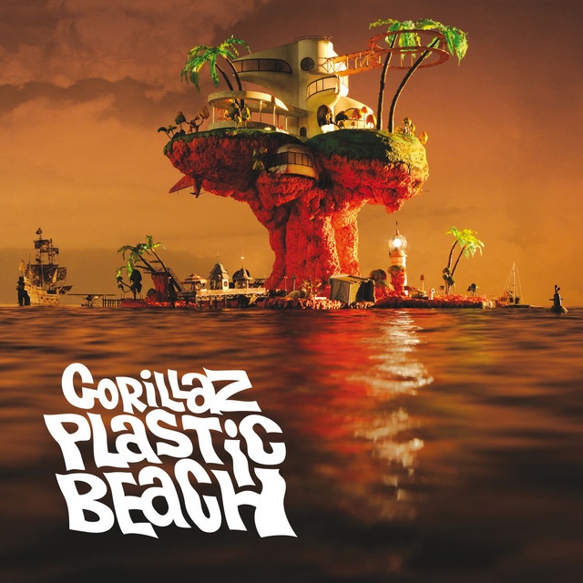 Album cover for Gorillaz' Plastic Beach Album, featuring a tall island, painted an unnatural shade of bright pink