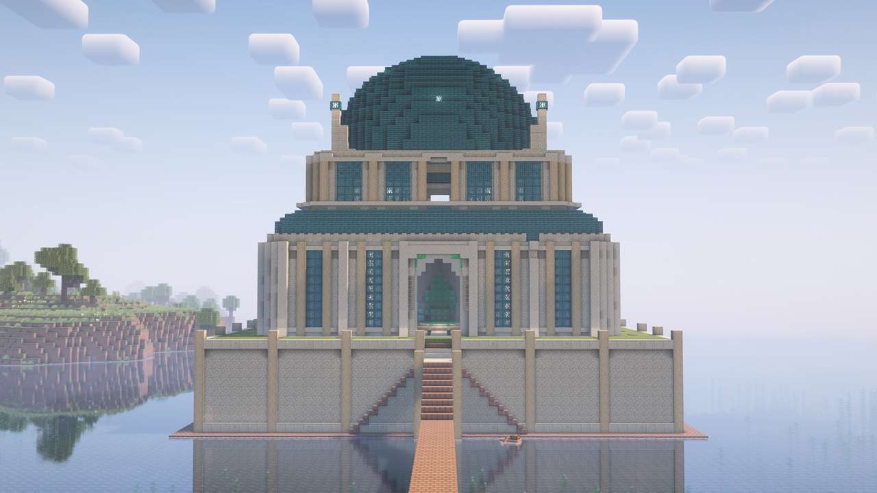 for once, I built the biggest build in this workd, a large palace of sandstone and blue wood. We also have myriad beautiful wooden docks.