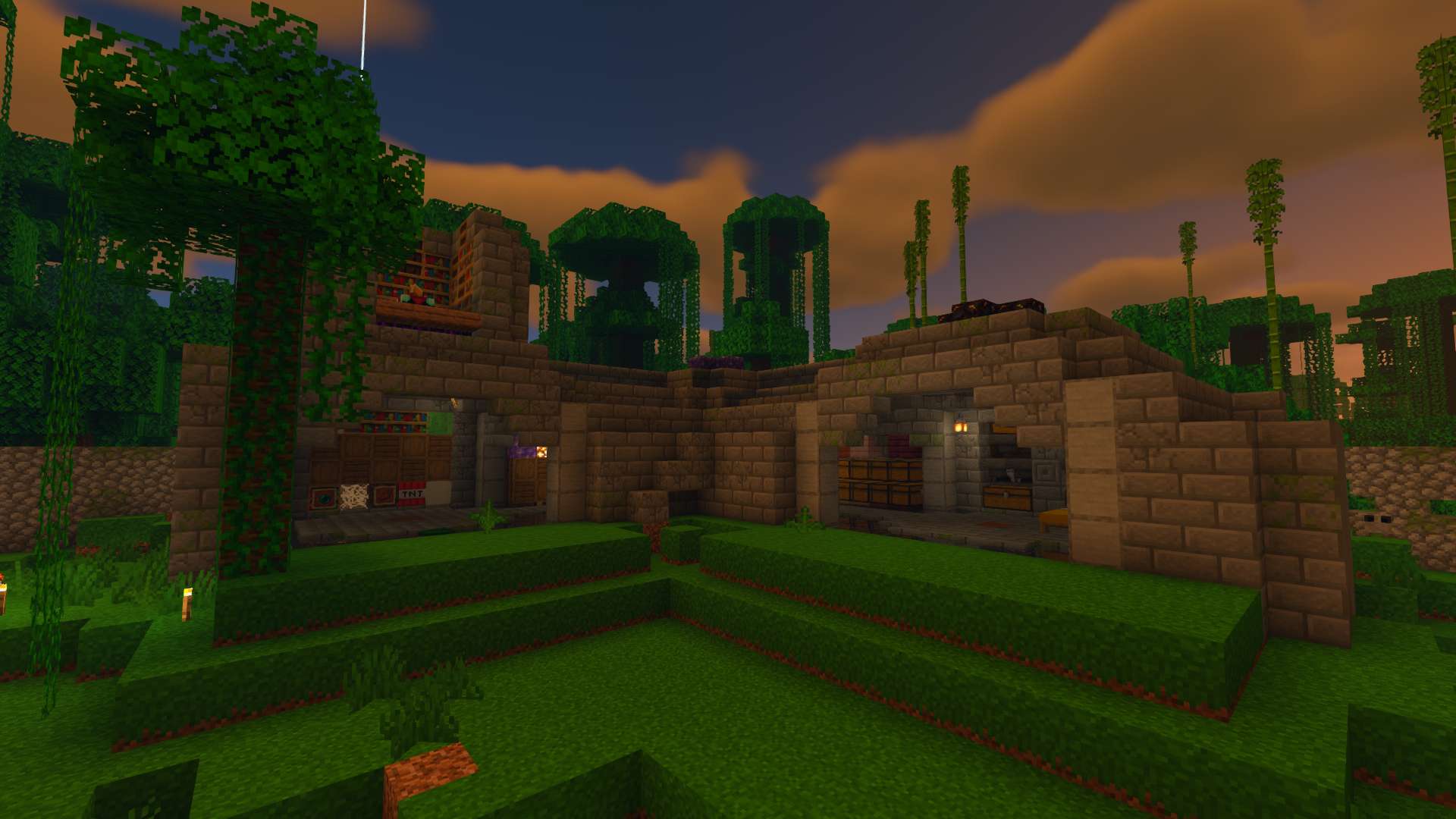 centered in a jungle, this world contains many builds of disperate art styles. A castle, some ruins, some blue domes, and a Mitre 10 Mega department store. I also built a giant floating orb of leaves to house an iron farm.
