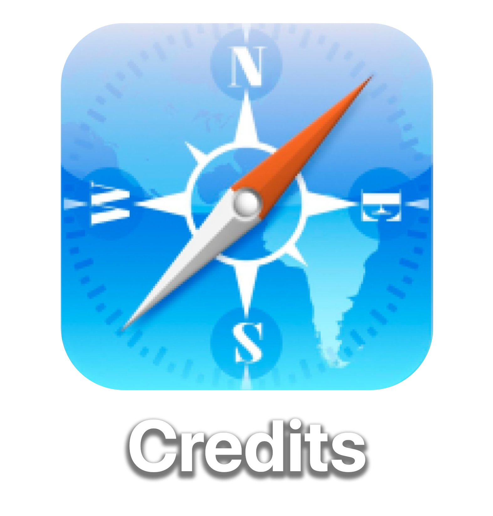 An application icon of a blue compass, layred on top of a map of the workd. Text below it reads 'Credits'