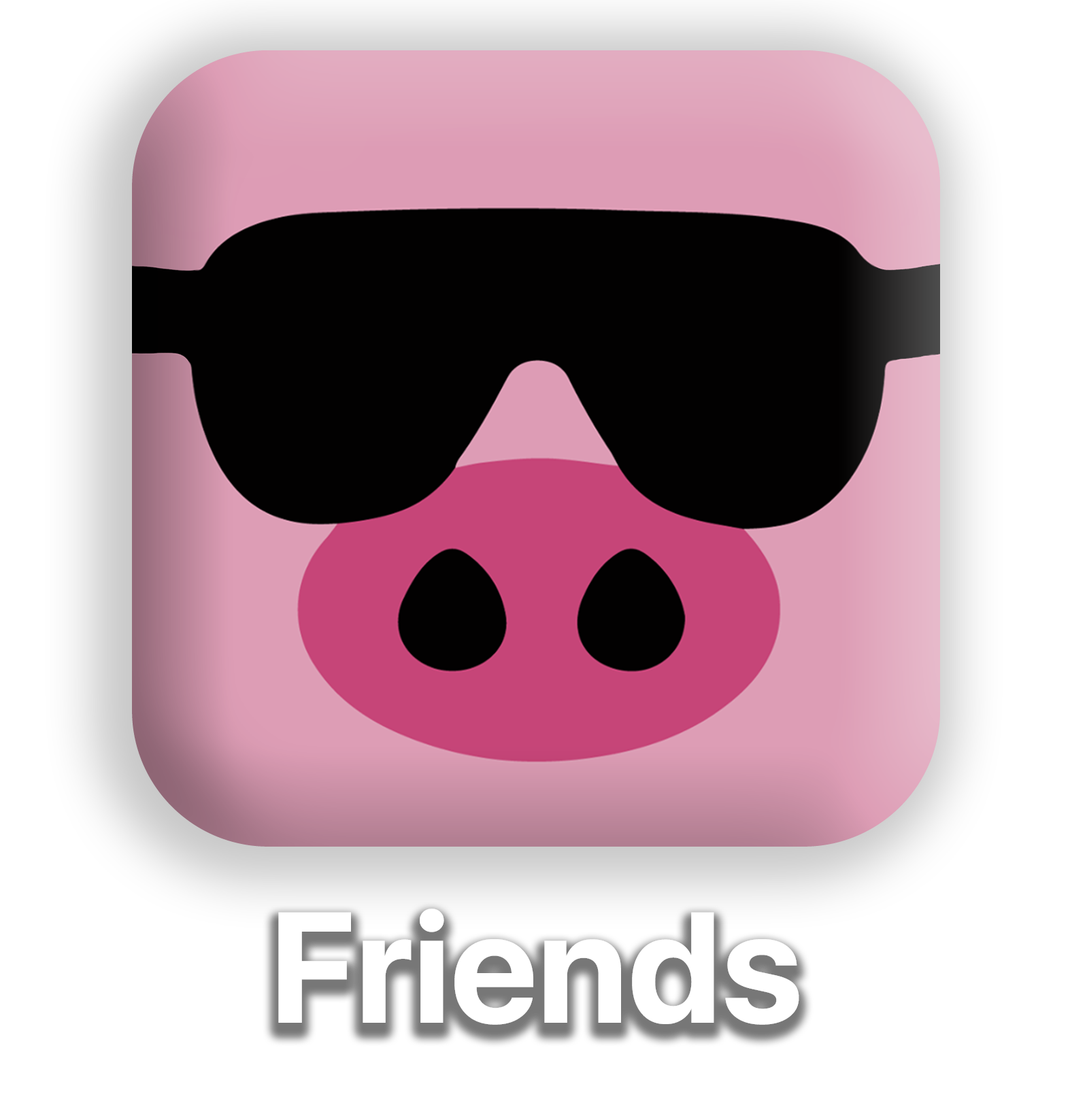An application icon of a pig wearing cool sunglasses. Text beneath reads 'Friends'